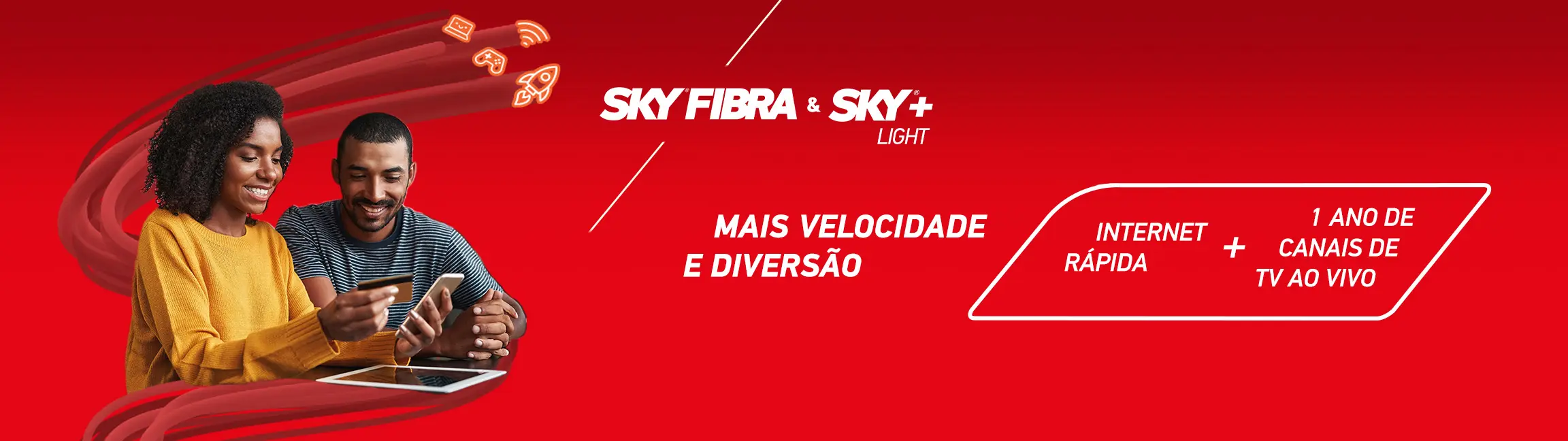 Oferta de internet rápida com mais velocidade e diversão, incluindo 1 ano de canais de TV ao vivo.