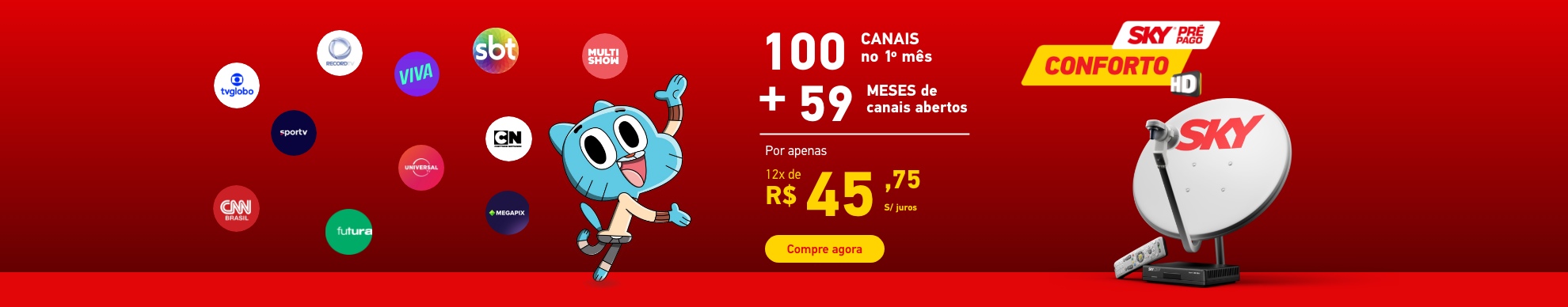 100 canais no primeiro mês mais 59 meses de canais abertos por apenas 12x de R$45,75 sem juros. Compre agora.